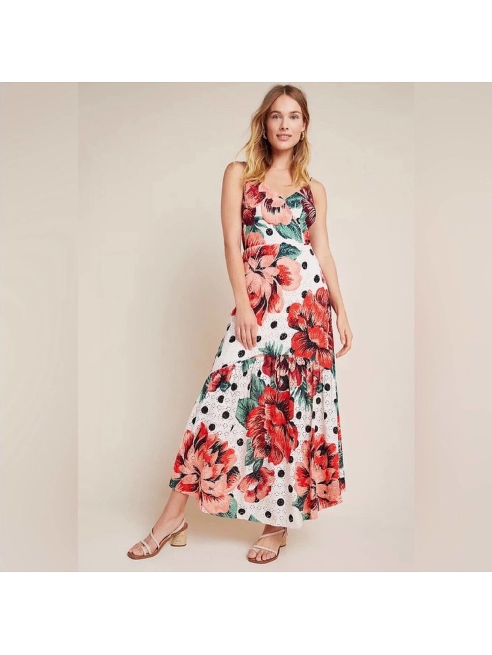 Farm Rio Anthropologie Floral Polka Dot Maxi Dress in White and Red
